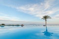 Open pool on the shores of the exotic ocean and the reflection of palm trees in the water. summer landscape. panoramic picture Royalty Free Stock Photo