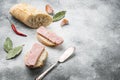 Open pork luncheon meat can with baguette, on gray stone table background, with copy space for text Royalty Free Stock Photo