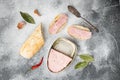 Open pork luncheon meat can with baguette, on gray stone table background, top view flat lay Royalty Free Stock Photo