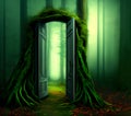 Open Portal Door to Mysterious Forest, Generative AI Illustration