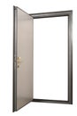 Open powerful metal safe-door with natural wood paneling