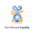 Open present box, yellow reward gift, loyalty program, earn points, collect bonus, redeem special prize