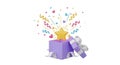 Open Purple Gift Box Exploding with Confetti and a Golden Star on a White Background present Royalty Free Stock Photo