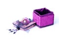 Open purple gift box with a rose isolated.