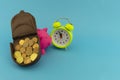 Open purse with coins, alarm clock and piggy bank