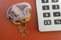 Open purse with euro cent coins beside calculator Royalty Free Stock Photo