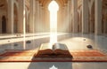 Open Quran rests on ornate mat in sunlit mosque interior. Sunlight streams through large patterned window illuminating sacred Royalty Free Stock Photo