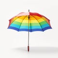 An open rainbow umbrella with distinct color bands presented isolated on a white background highlighting its structure and Royalty Free Stock Photo