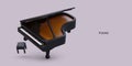 Open realistic grand piano, stool, top view. Large keyboard musical instrument