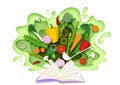 Open recipe book with fresh vegetables. Vector illustration in paper art style. Cooking book. Royalty Free Stock Photo