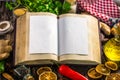 Open recipe book with ingredients Royalty Free Stock Photo