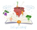 Open recipe book, pot with ladle, cute vegetables, flat vector illustration. Cooking book.