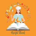 Open recipe book with woman cooking Royalty Free Stock Photo