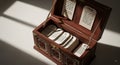 An open wooden box reveals six aged Hebrew text cards with faded lettering on a plain white background casting shadow Royalty Free Stock Photo