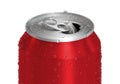 Open red Aluminum soda can with water drops isolated on white background Royalty Free Stock Photo