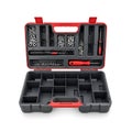 Open red and black tool kit with assorted screwdriver bits and tools Royalty Free Stock Photo