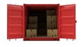 Open red cargo freight shipping container with cardboard boxes isolated on white Royalty Free Stock Photo