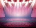 Open Red Curtains with Seats and Neon Spotlights. Royalty Free Stock Photo