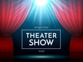 Open red curtains on stage illuminated by spotlight. Dramatic theater or opera show scene. Performance showtime