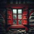 Open red framed window, overlooking beautiful mountain scenery Royalty Free Stock Photo