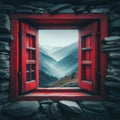 Open red framed window, overlooking beautiful mountain scenery Royalty Free Stock Photo