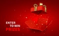 Open red Gift Box and Confetti on red background. Enter to Win Prizes. Vector Illustration Royalty Free Stock Photo