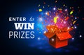 Open Red Gift Box and Confetti on blue background. Enter to Win Prizes. Vector Illustration Royalty Free Stock Photo