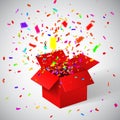 Open Red Gift Box and Confetti. Christmas Background. Vector Illustration Royalty Free Stock Photo