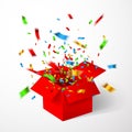 Open Red Gift Box and Confetti. Christmas Background. Vector Illustration Royalty Free Stock Photo