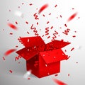 Open Red Gift Box and Confetti. Christmas and Valentine Background. Vector Illustration Royalty Free Stock Photo