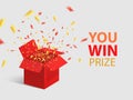 Open Red Gift Box and Confetti. You Win Prize. Vector Illustration Royalty Free Stock Photo