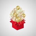 Open red gift box and departing balloons with confetti. . Prize winning. Vector illustration . Royalty Free Stock Photo