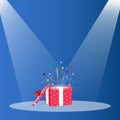 Open the red gift box with flying stars and confetti. Christmas background. Vector Illustration Royalty Free Stock Photo