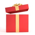 Open red gift box with gold ribbon and bow isolated on white background and copy space. Royalty Free Stock Photo