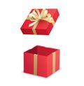 Open red gift box and gold ribbon isolated on white background. Use for christmas, new year, package Royalty Free Stock Photo