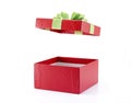 open and empty gift box wrapped in red paper with grid pattern with lime green ribbon and folded bow isolated on white background