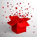 Open Red Gift Box and Heart Confetti. Christmas and Valentine Background. Vector Illustration Royalty Free Stock Photo