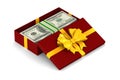 Open red gift box with money on white background. Isolated 3D illustration Royalty Free Stock Photo