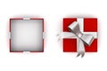 Open red gift box or present box with silver ribbon bow and empty space in the box isolated on white background with lid . 3D rend Royalty Free Stock Photo