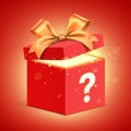 Red gift box with question mark, golden ribbon and glitter light shining from inside. Secret surprise gift vector banner Royalty Free Stock Photo