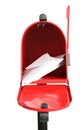 Open red letter box with correspondence on white background Royalty Free Stock Photo