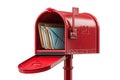 Open Red Mailbox Full of Mail and Letters on White Royalty Free Stock Photo