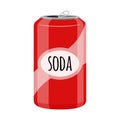 An open red soda can. Sweet soda, fast food, drink, harmful to teeth. Flat cartoon style, isolated on a white background.Color