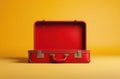 An open red suitcase against a vibrant yellow background, signifying travel, packing or vacation concepts with a minimalistic and Royalty Free Stock Photo