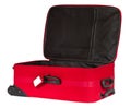 Open red suitcase with blank identification tag