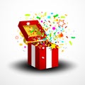 Open Red Surprise Gift Box with Confetti and Party Paper Decoration Royalty Free Stock Photo