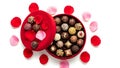 Open Red Tin of Assorted Chocolates with Rose Petals on Transparent Background Royalty Free Stock Photo