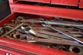 An Open Red Toolbox containing Spanners, Shifters & Sockets. Royalty Free Stock Photo