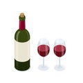 Open red wine bottle with two wine glasses isometric vector illustration isolated on white Royalty Free Stock Photo