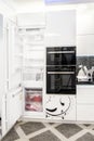 Open refrigerator, built-in kitchen furniture Royalty Free Stock Photo